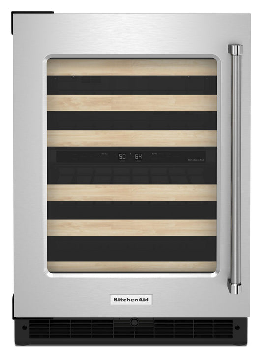 Kitchenaid KUWL214KSB 24" Undercounter Wine Cellar With Glass Door And Wood-Front Racks - Black Cabinet/Stainless Doors