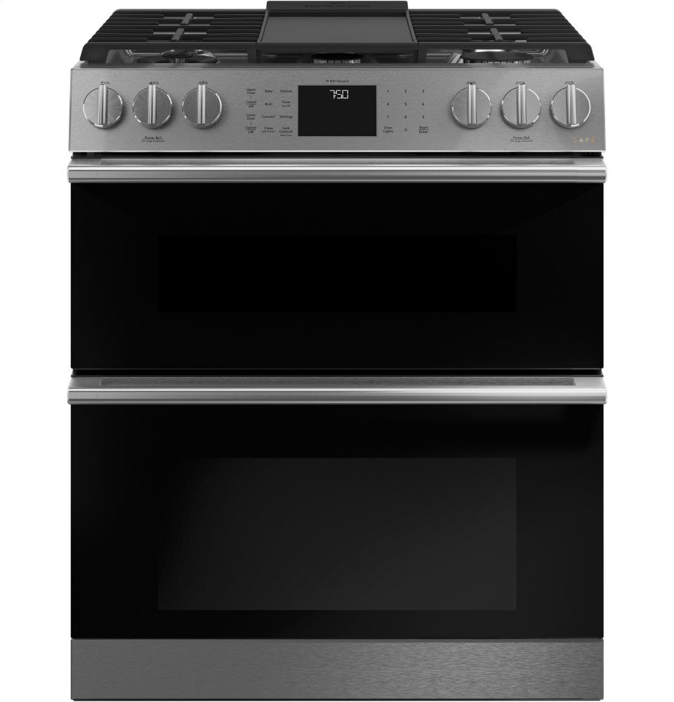 Cafe CGS750M2NS5 Café 30" Smart Slide-In, Front-Control, Gas Double-Oven Range With Convection In Platinum Glass