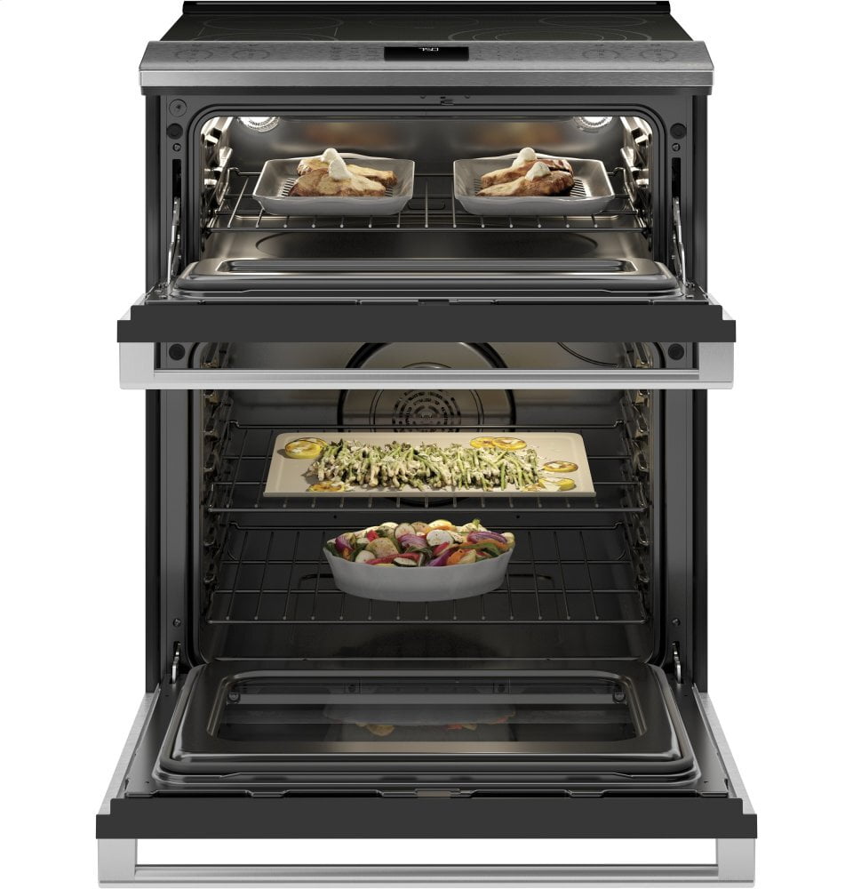 Cafe CES750M2NS5 Café 30" Smart Slide-In, Front-Control, Radiant And Convection Double-Oven Range In Black