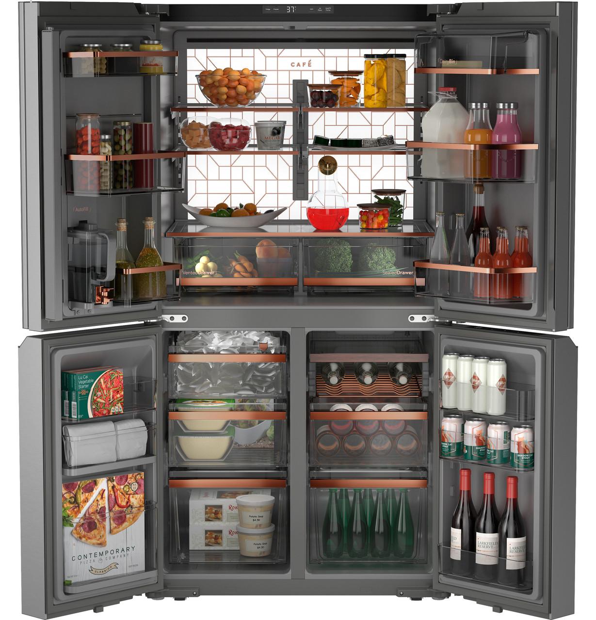 Cafe CAE28DM5TS5 Café&#8482; Energy Star® 27.4 Cu. Ft. Smart Quad-Door Refrigerator In Platinum Glass With Dual-Dispense Autofill Pitcher