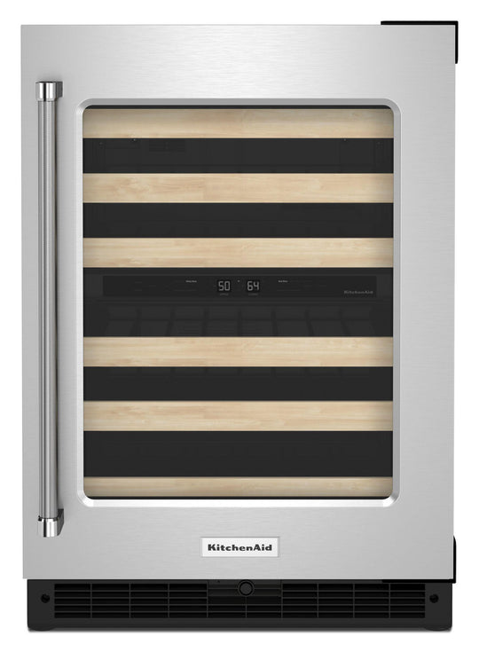 Kitchenaid KUWR214KSB 24" Undercounter Wine Cellar With Glass Door And Wood-Front Racks - Black Cabinet/Stainless Doors