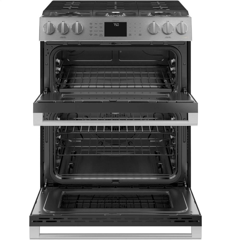 Cafe CGS750M2NS5 Café 30" Smart Slide-In, Front-Control, Gas Double-Oven Range With Convection In Platinum Glass