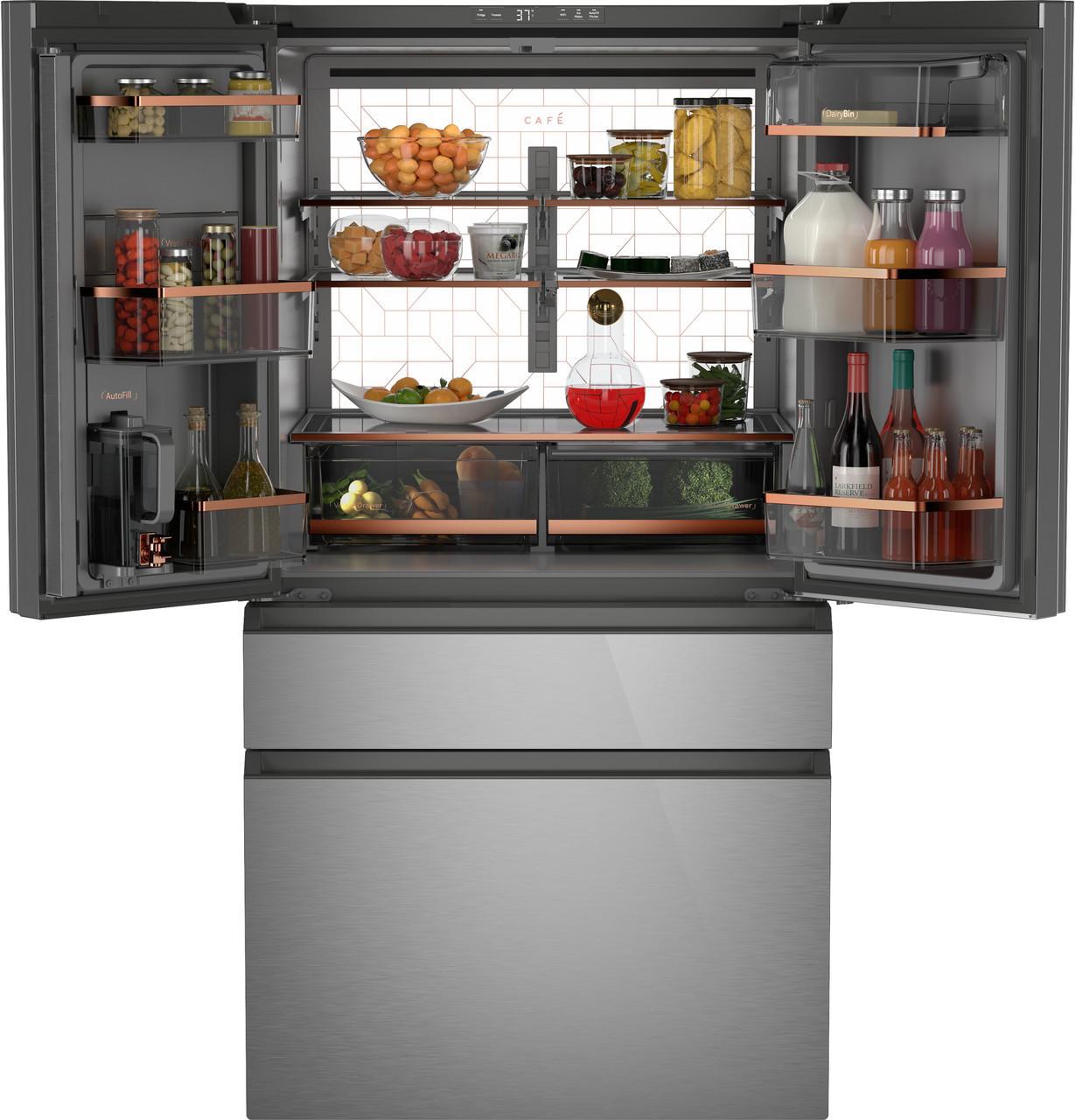Cafe CGE29DM5TS5 Café&#8482; Energy Star® 28.7 Cu. Ft. Smart 4-Door French-Door Refrigerator In Platinum Glass With Dual-Dispense Autofill Pitcher
