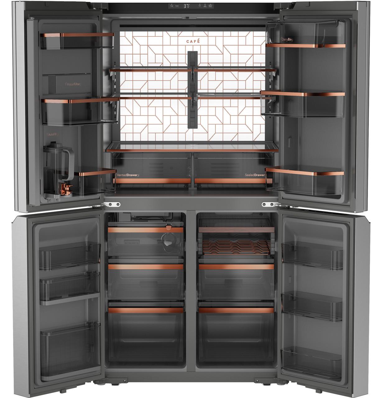 Cafe CAE28DM5TS5 Café™ Energy Star® 27.4 Cu. Ft. Smart Quad-Door Refrigerator In Platinum Glass With Dual-Dispense Autofill Pitcher