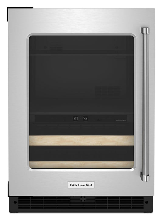 Kitchenaid KUBL214KSB 24" Beverage Center With Glass Door And Wood-Front Racks - Black Cabinet/Stainless Doors