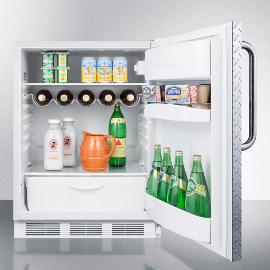 Summit FF61BIDPLADA Ada Compliant Built-In Undercounter All-Refrigerator For Residential Use, Auto Defrost With Diamond Plate Wrapped Door, Towel Bar Handle, And White Cabinet