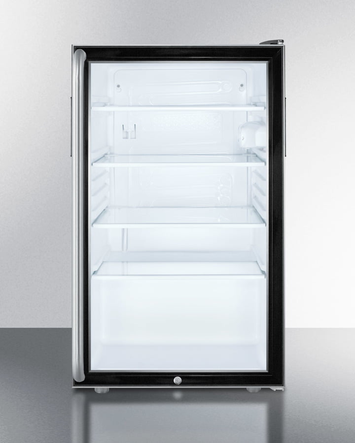 Summit SCR500BLBI7SHADA Commercially Listed Ada Compliant 20" Wide Glass Door All-Refrigerator For Built-In Use, Auto Defrost With A Lock, Long Towel Bar Handle And Black Cabinet