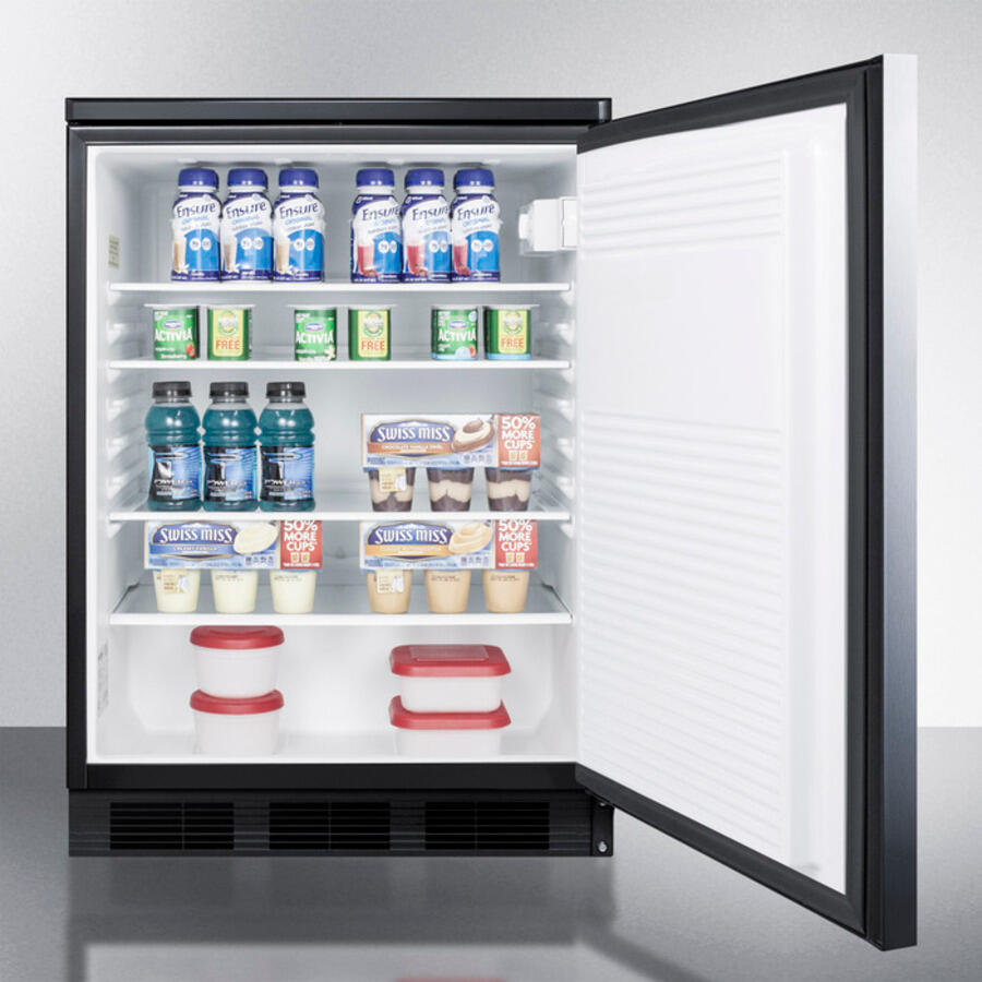 Summit FF7LBLSSHH Commercially Listed Freestanding All-Refrigerator For General Purpose Use, Auto Defrost W/Ss Wrapped Door, Horizontal Handle, Lock, And Black Cabinet