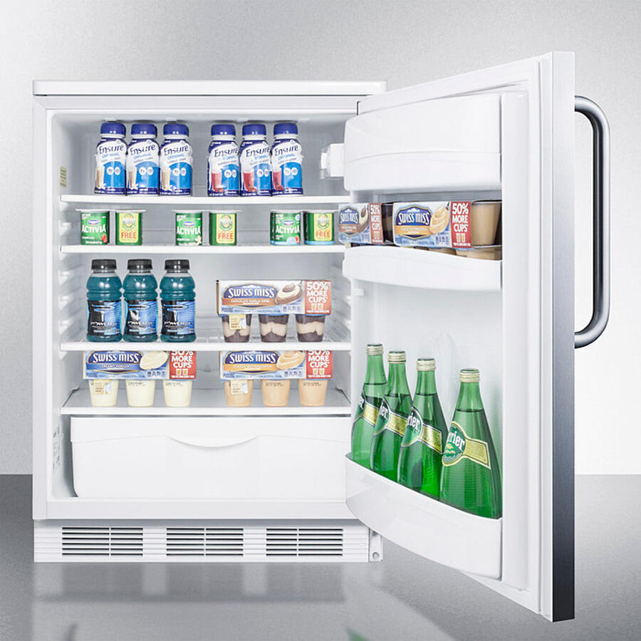 Summit FF6LW7SSTB Commercially Listed Freestanding All-Refrigerator For General Purpose Use, Auto Defrost W/Lock, Ss Wrapped Door, Towel Bar Handle, And White Cabinet