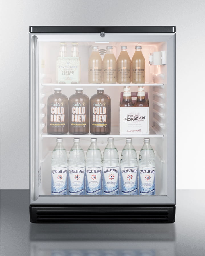 Summit SCR600BGLSH Commercially Listed 5.5 Cu.Ft. Counter Height Beverage Center In A 24" Footprint, With Black Cabinet, Glass Door, Full-Length Towel Bar Handle, And Lock