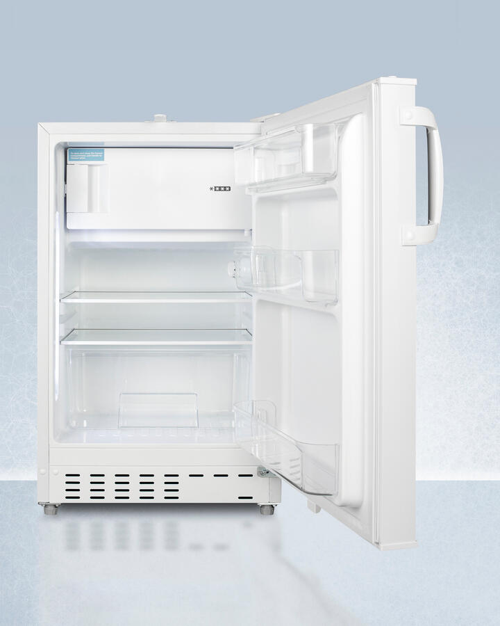 Summit ADA302RFZ Built-In Undercounter, Ada Compliant Refrigerator-Freezer In White, Designed For General Purpose Storage, Manual Defrost With Glass Shelves, Front Lock, And Door Storage