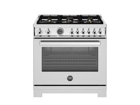 Bertazzoni PRO366BCFEPXT 36 Inch Dual Fuel Range, 6 Brass Burners And Cast Iron Griddle, Electric Self-Clean Oven Stainless Steel