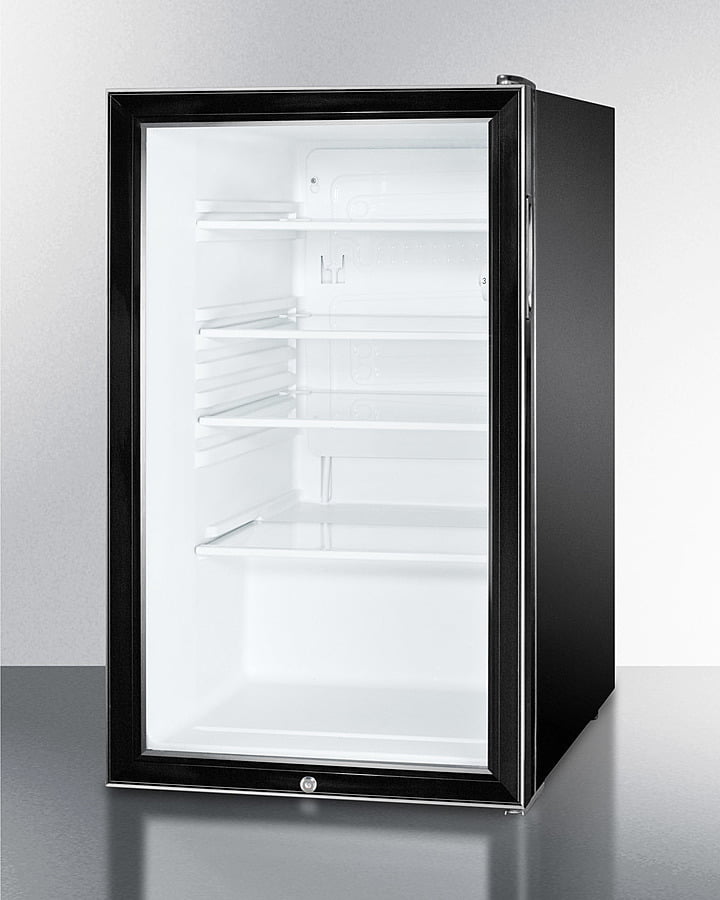 Summit SCR500BL 20" Wide Glass Door Freestanding Commercial All-Refrigerator For The Display And Refrigeration Of Beverages And Sealed Food, Auto Defrost With A Lock And Black Cabinet