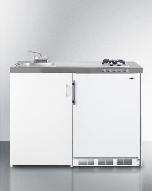 Summit C48GAS 48" Wide All-In-One Kitchenette With 2-Burner Gas Cooktop, Cycle Defrost Refrigerator-Freezer, Sink, And Storage Cabinet