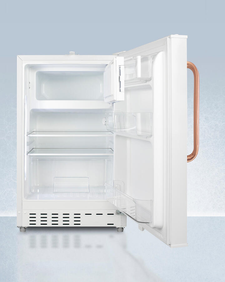 Summit ADA302RFZTBC Built-In Undercounter, Ada Compliant Refrigerator-Freezer In White, Designed For General Purpose Storage, With Pure Copper Towel Bar Handle, Manual Defrost With Glass Shelves, Front Lock, And Door Storage