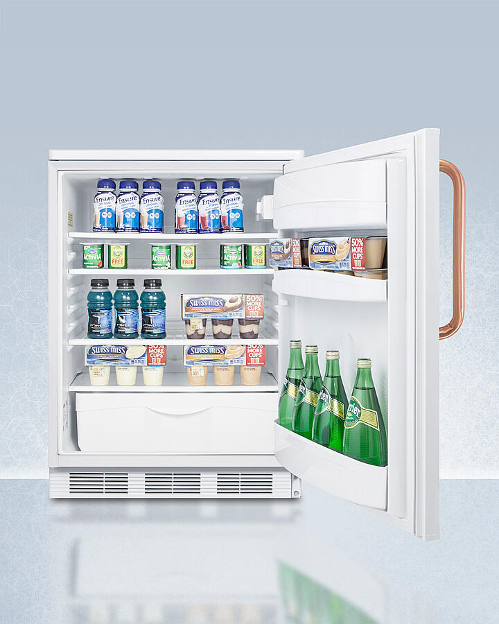 Summit FF6LWTBC Freestanding Counter Height All-Refrigerator For General Purpose Use, With Pure Copper Handle, Front Lock, Automatic Defrost Operation, And White Exterior