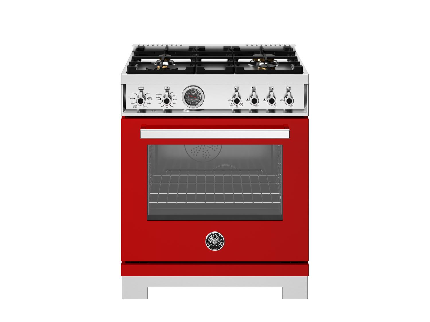 Bertazzoni PRO304BFEPROT 30 Inch Dual Fuel Range, 4 Brass Burners, Electric Self-Clean Oven Rosso
