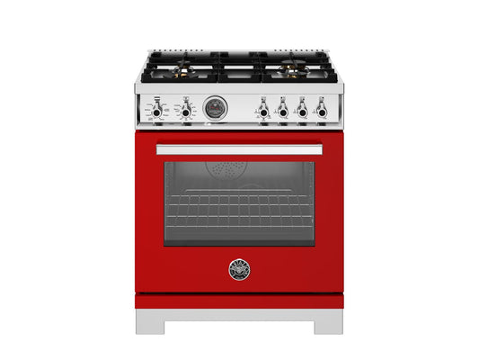 Bertazzoni PRO304BFEPROT 30 Inch Dual Fuel Range, 4 Brass Burners, Electric Self-Clean Oven Rosso