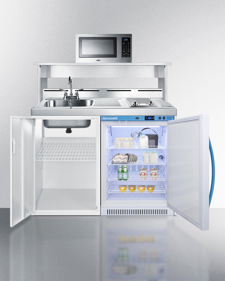 Summit C48ELMCMW 48" Wide All-In-One Kitchenette With A Smooth Glass Cooktop, Momcube Breast Milk Refrigerator, Microwave, Sink With Faucet, Storage Cabinet