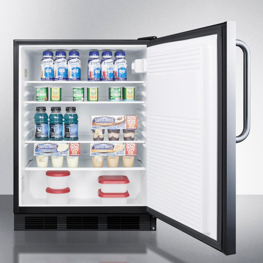 Summit FF7LBLBISSTBADA Ada Compliant Built-In Undercounter All-Refrigerator For General Purpose Or Commercial Use, Auto Defrost W/Ss Door, Towel Bar Handle, Lock, And Black Cabinet