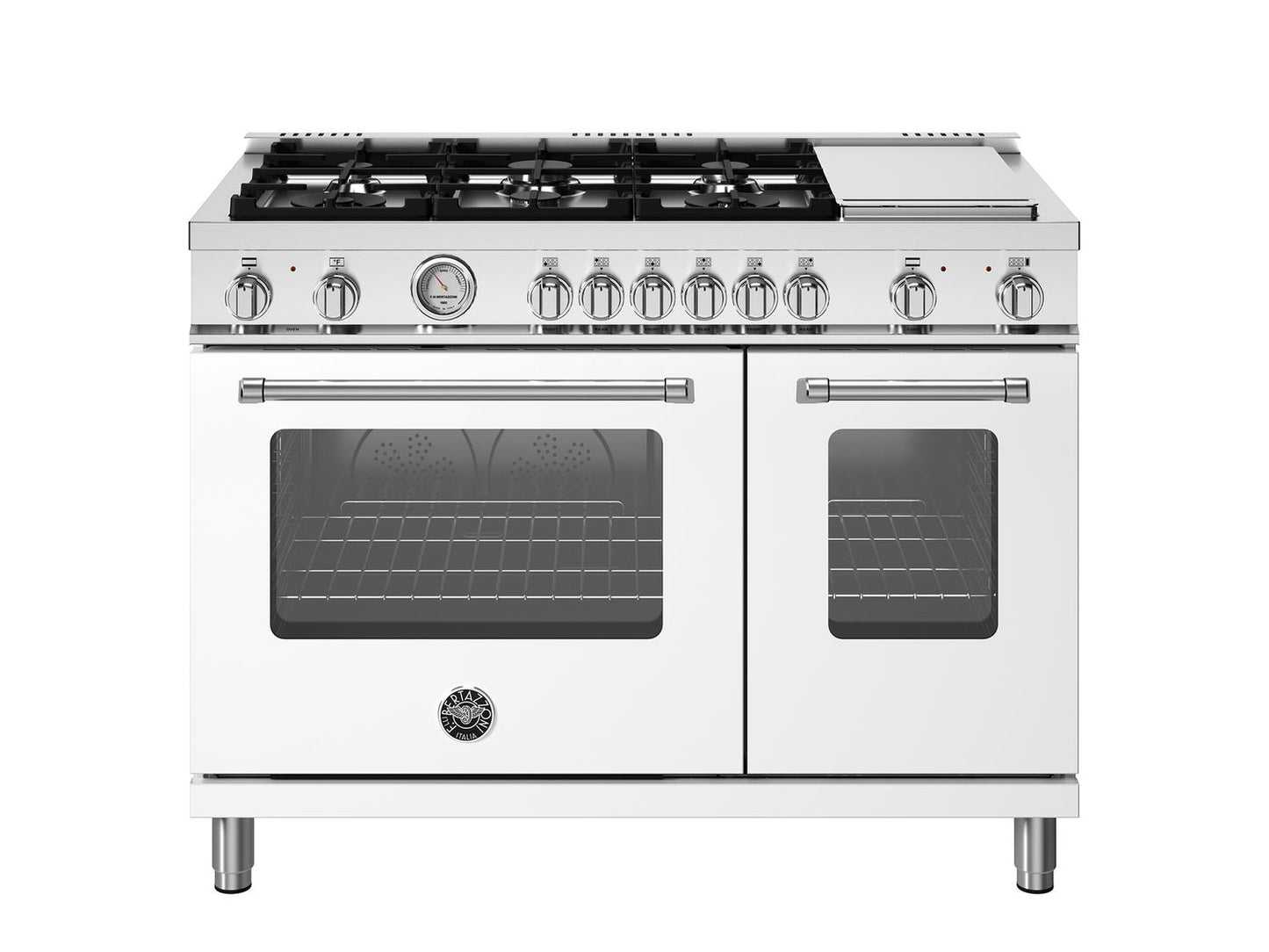 Bertazzoni MAS486GDFMBIV 48 Inch Dual Fuel Range, 6 Burners And Griddle, Electric Oven Bianco