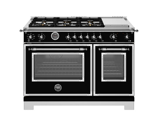 Bertazzoni HER486BTFEPNET 48 Inch Dual Fuel Range, 6 Brass Burners And Griddle, Electric Self-Clean Oven Nero Matt
