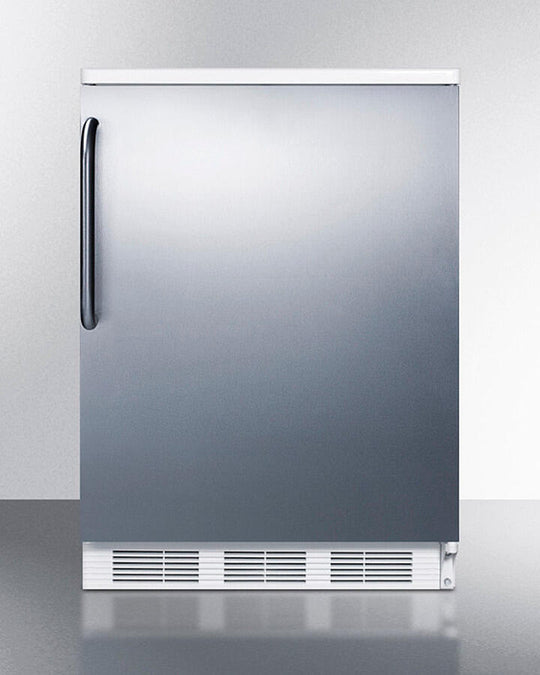 Summit FF6WBISSTB Built-In Undercounter All-Refrigerator For General Purpose Use W/Automatic Defrost, Stainless Steel Wrapped Door, Towel Bar Handle, And White Cabinet