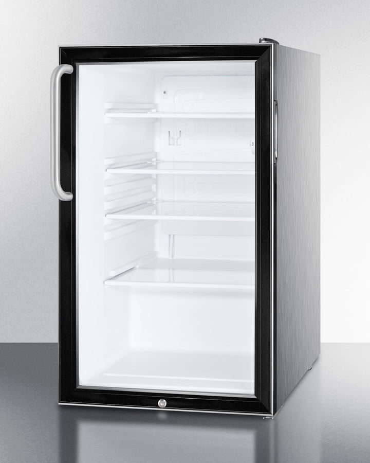Summit SCR500BL7CSSADA Commercially Listed Ada Compliant 20" Wide Glass Door All-Refrigerator For Built-In Use, Auto Defrost With A Lock And Stainless Steel Cabinet