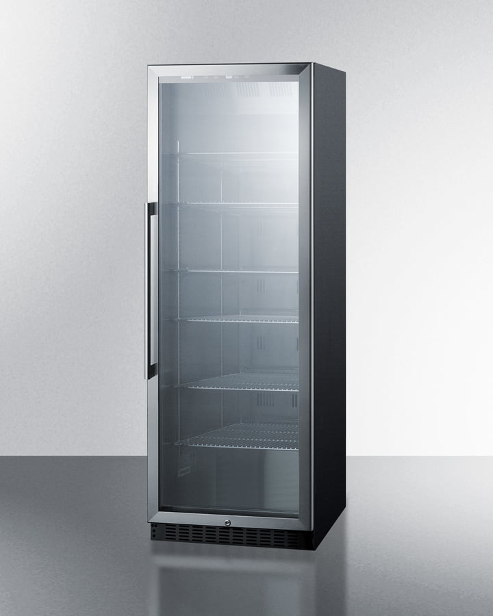 Summit SCR1401 Full-Size Commercial Beverage Merchandiser Designed For The Display And Refrigeration Of Beverages And Sealed Food, With Stainless Steel Interior, Self-Closing Glass Door, And Black Cabinet