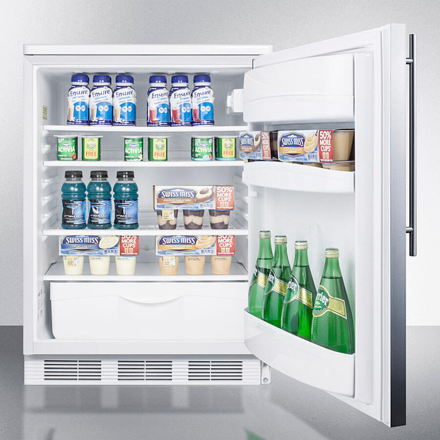 Summit FF6LWBI7SSHV Commercially Listed Built-In Undercounter All-Refrigerator For General Purpose Use, Auto Defrost W/Lock, Ss Wrapped Door, Thin Handle, And White Cabinet
