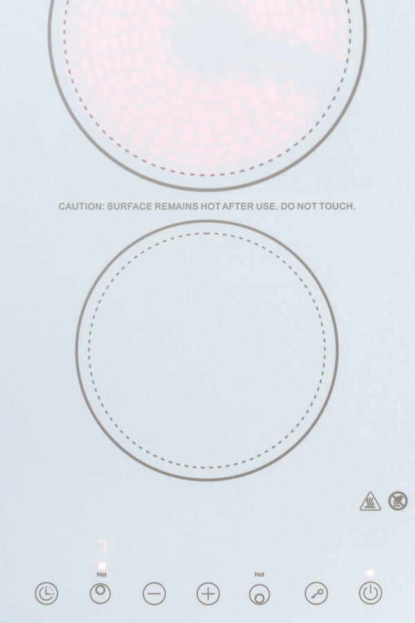 Summit CR2B23T4W 230V 2-Burner Cooktop In White Ceramic Schott Glass With Digital Touch Controls, 3000W