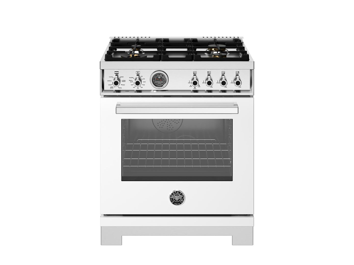 Bertazzoni PRO304BFEPBIT 30 Inch Dual Fuel Range, 4 Brass Burners, Electric Self-Clean Oven Bianco