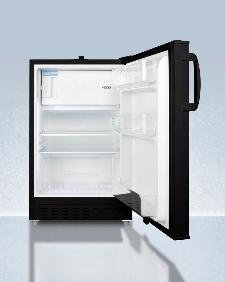 Summit ADA302BRFZ Built-In Undercounter, Ada Compliant Refrigerator-Freezer In Black, Designed For General Purpose Storage, Manual Defrost With Glass Shelves, Front Lock, And Door Storage