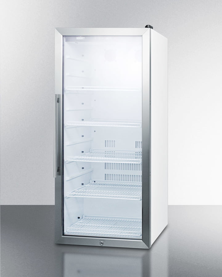 Summit SCR1006 9 Cu.Ft. Commercial Glass Door Beverage Merchandiser Designed For The Display And Refrigeration Of Beverages And Sealed Food, With Digital Controls, Led Lighting, Full Interior Display, And A White Cabinet