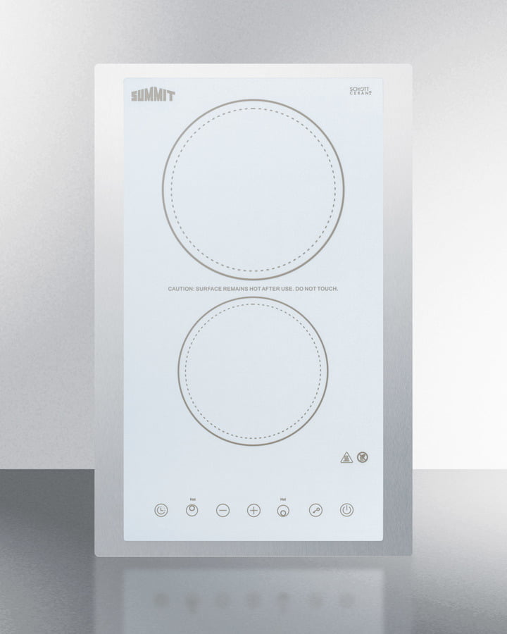 Summit CR2B23T4WTK15 230V 2-Burner Cooktop In White Ceramic Schott Glass With Digital Touch Controls And Stainless Steel Frame To Allow Installation In 15