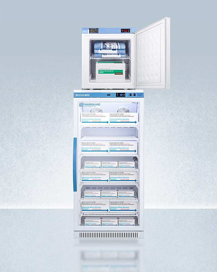 Summit ARG8PVFS24LSTACKMED2 Stacked Combination Of Arg8Pv All-Refrigerator With Antimicrobial Silver-Ion Handle And Hospital Grade Cord With 'Green Dot' Plug And Fs24Lmed2 Compact Manual Defrost All-Freezer For Vaccine Storage