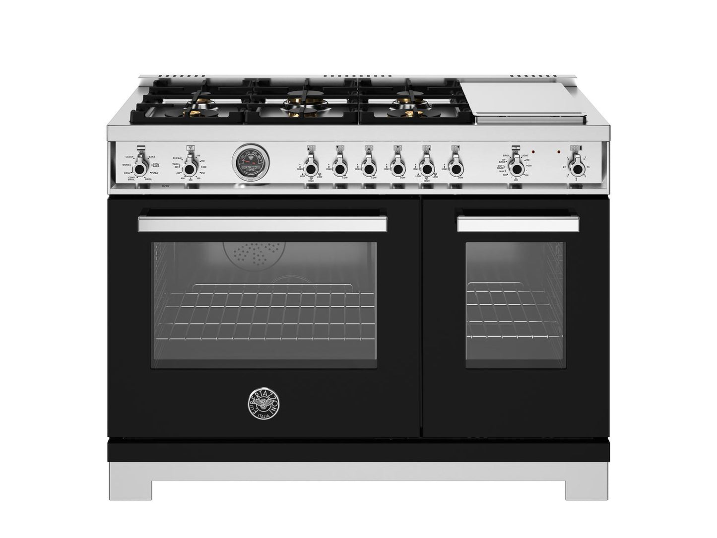 Bertazzoni PRO486BTFEPNET 48 Inch Dual Fuel Range, 6 Brass Burners And Griddle, Electric Self-Clean Oven Nero
