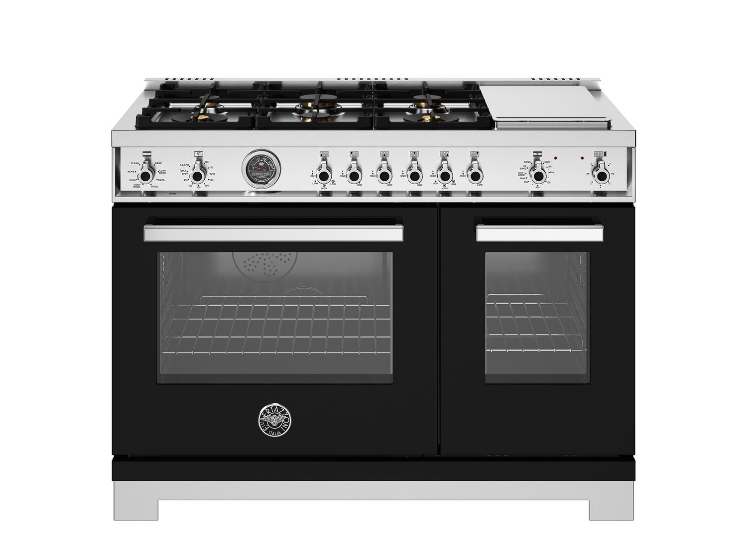 Bertazzoni PRO486BTFEPNET 48 Inch Dual Fuel Range, 6 Brass Burners And Griddle, Electric Self-Clean Oven Nero