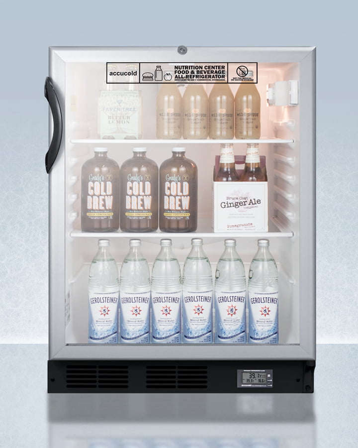 Summit SCR600BGLBINZADA Commercially Approved Ada Compliant Nutrition Center Series Glass Door All-Refrigerator For Built-In Or Freestanding Use, With Front Lock And Digital Temperature Display