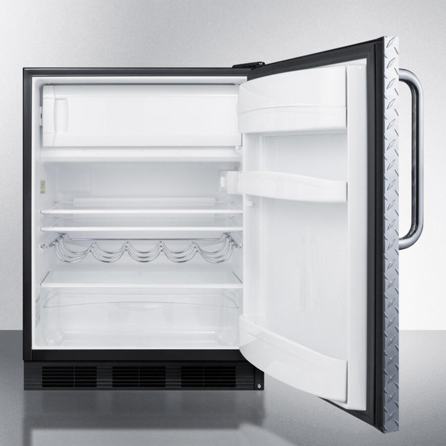 Summit CT663BDPL Freestanding Counter Height Refrigerator-Freezer For Residential Use, Cycle Defrost With A Diamond Plate Wrapped Door, Towel Bar Handle, And Black Cabinet