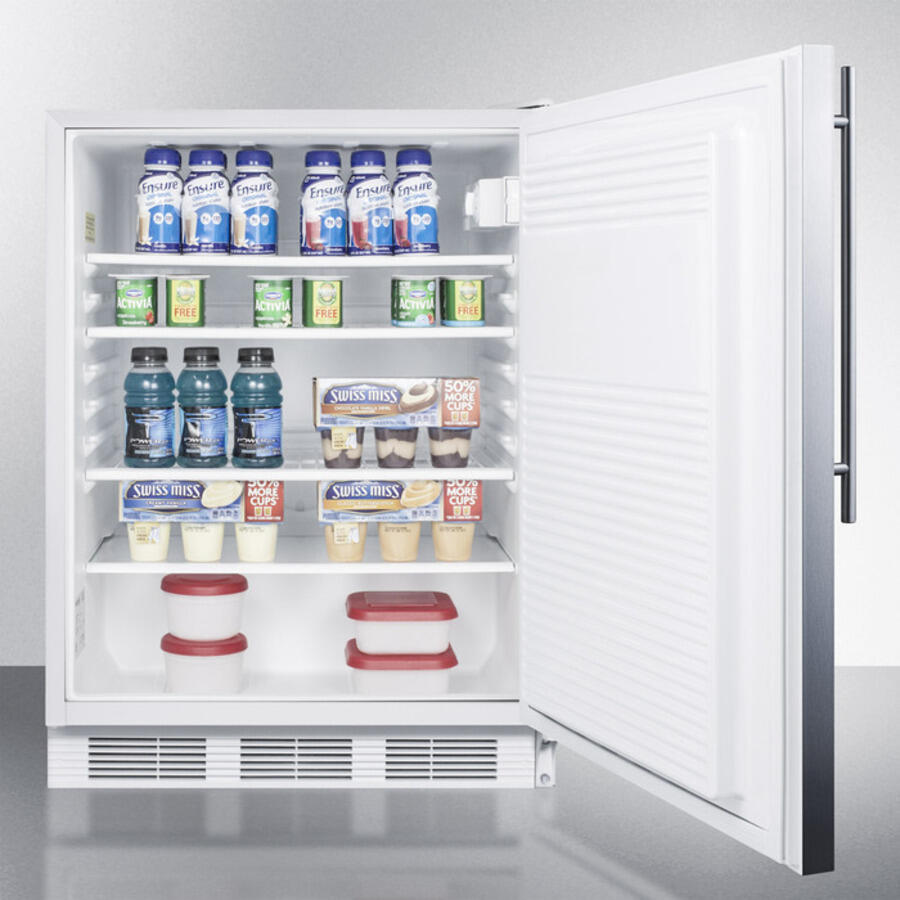 Summit AL750LBISSHV Ada Compliant Built-In Undercounter All-Refrigerator For General Purpose Use, Auto Defrost W/Lock, Ss Wrapped Door, Thin Handle, And White Cabinet