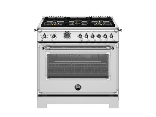 Bertazzoni HER366BCFEPXT 36 Inch Dual Fuel Range, 6 Brass Burner And Cast Iron Griddle, Electric Self-Clean Oven Stainless Steel