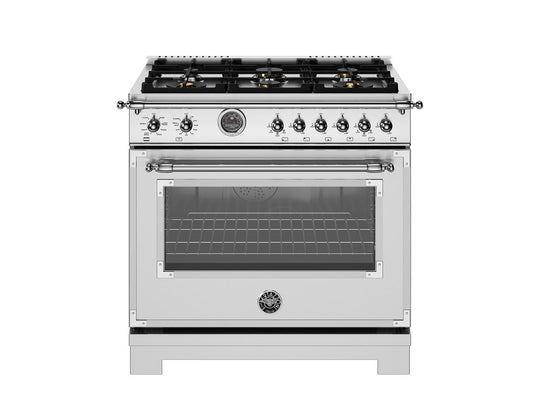 Bertazzoni HER366BCFEPXT 36 Inch Dual Fuel Range, 6 Brass Burner And Cast Iron Griddle, Electric Self-Clean Oven Stainless Steel