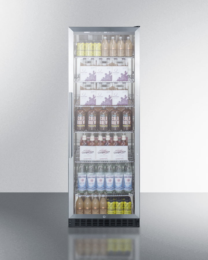 Summit SCR1401 Full-Size Commercial Beverage Merchandiser Designed For The Display And Refrigeration Of Beverages And Sealed Food, With Stainless Steel Interior, Self-Closing Glass Door, And Black Cabinet