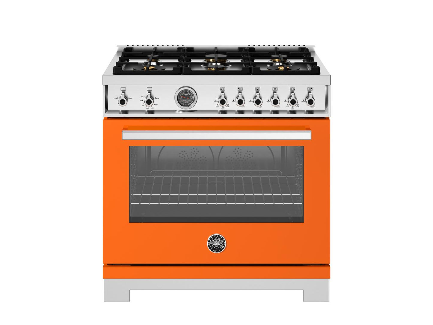 Bertazzoni PRO366BCFGMART 36 Inch All Gas Range, 6 Brass Burners And Cast Iron Griddle Arancio