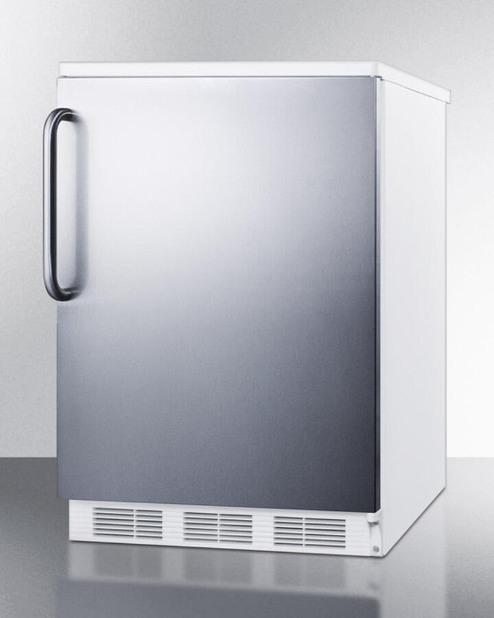 Summit FF6BISSTB Built-In Undercounter All-Refrigerator For General Purpose Use W/Automatic Defrost, Stainless Steel Wrapped Door, Towel Bar Handle, And White Cabinet