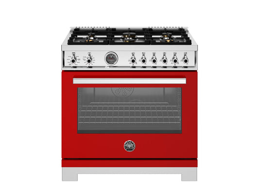 Bertazzoni PRO366BCFEPROT 36 Inch Dual Fuel Range, 6 Brass Burners And Cast Iron Griddle, Electric Self-Clean Oven Rosso