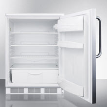 Summit FF6BISSTB Built-In Undercounter All-Refrigerator For General Purpose Use W/Automatic Defrost, Stainless Steel Wrapped Door, Towel Bar Handle, And White Cabinet