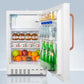 Summit ADA302RFZTBC Built-In Undercounter, Ada Compliant Refrigerator-Freezer In White, Designed For General Purpose Storage, With Pure Copper Towel Bar Handle, Manual Defrost With Glass Shelves, Front Lock, And Door Storage