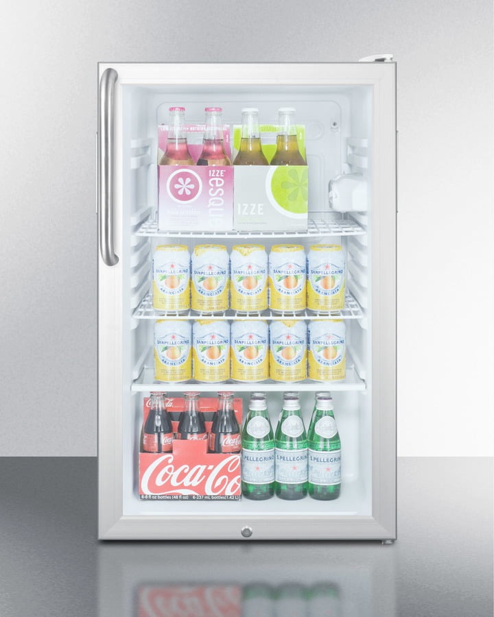 Summit SCR450L7TB Commercially Listed 20" Wide Glass Door All-Refrigerator For Freestanding Use, Auto Defrost With A Lock, White Cabinet, And Pro Towel Bar Handle